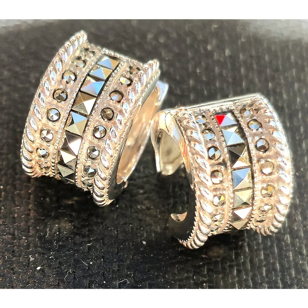 Vintage Sterling Silver and Marcasite Judith Jack Huggie Hoop Earrings READ